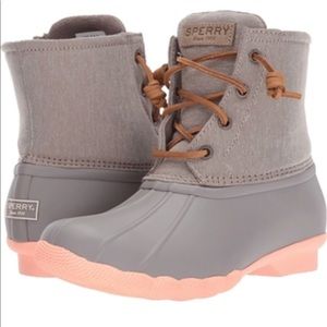 sperry saltwater duck boots taupe coral